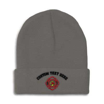 Custom Beanies for Men Maltese Cross Firefighter Embroidery Skull Cap Winter Hats for Women Acrylic One Size Dark Grey Personalized Text Here