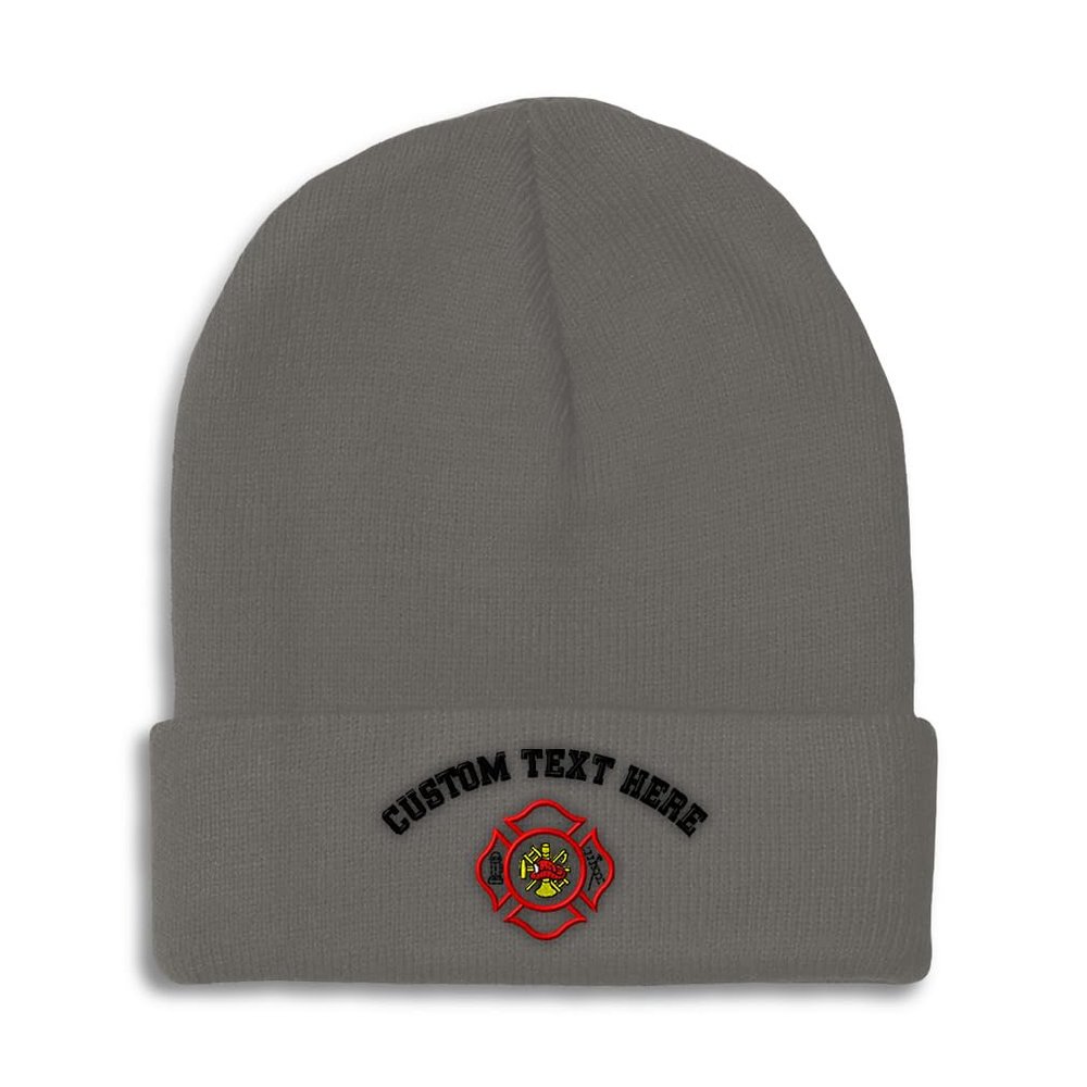 Custom Beanies for Men Maltese Cross Firefighter Embroidery Skull Cap Winter Hats for Women Acrylic One Size Dark Grey Personalized Text Here