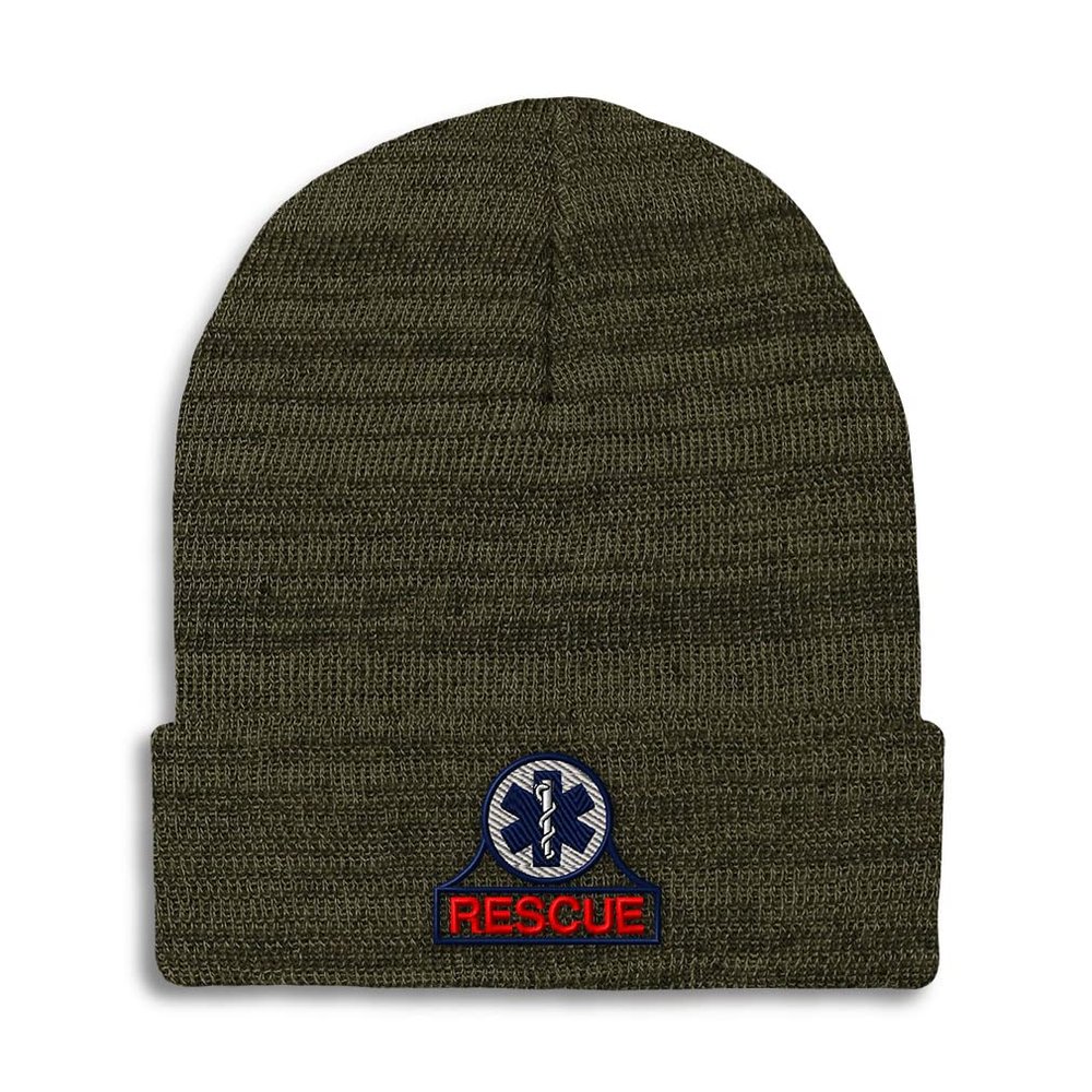 Beanies for Men EMT Rescue Embroidery Paramedic Rescue Winter Hats for Women Acrylic Skull Cap 1 Size Heather Olive Green Design Only