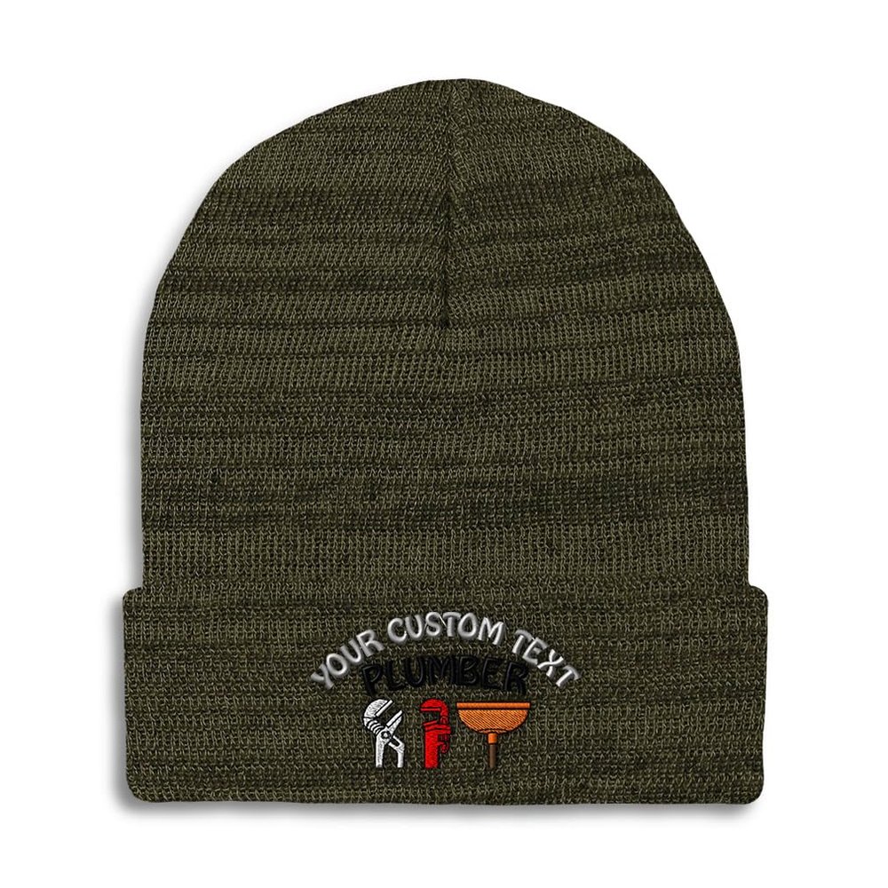 Custom Beanies for Men Plumbing Tools Topper Embroidery Skull Cap Winter Hats for Women Acrylic One Size Heather Olive Green Personalized Text Here