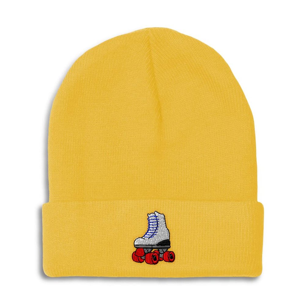 Beanies for Men Roller Skate A Embroidery Roller Skating Roller Skate Shoes Embroidery Winter Hats for Women Acrylic Skull Cap 1 Size Yellow Design Only
