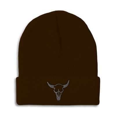 Beanies for Men Longhorn Skull B Embroidery Skulls Cattle Winter Hats for Women Acrylic Skull Cap 1 Size Brown Design Only