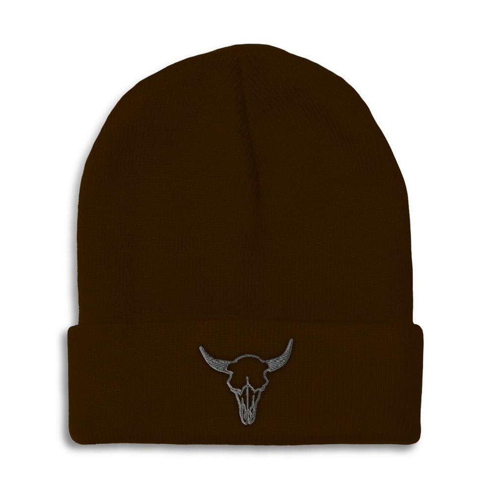 Beanies for Men Longhorn Skull B Embroidery Skulls Cattle Winter Hats for Women Acrylic Skull Cap 1 Size Brown Design Only