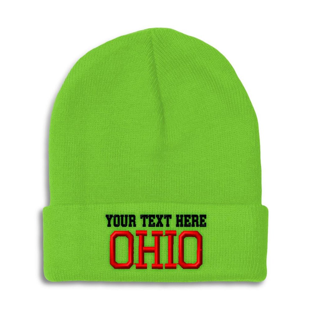 Custom Beanies for Men Ohio State USA America B Embroidery Skull Cap Winter Hats for Women Acrylic One Size Lime Personalized Text Here