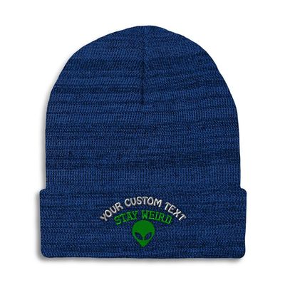 Custom Beanies for Men Alien Stay Weird Embroidery Skull Cap Winter Hats for Women Acrylic One Size Heather Royal Blue Personalized Text Here