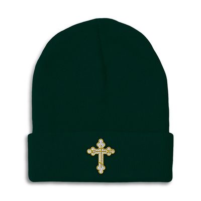 Beanies for Men Gold Outline Orthodox Cross Faith Jesus God Skull Cap Winter Hats for Women Acrylic One Size Forest Green Design Only