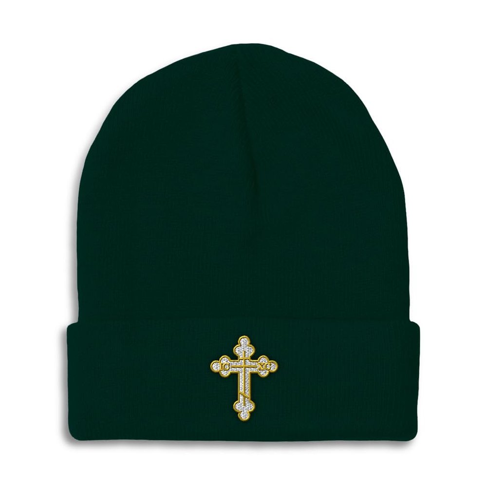 Beanies for Men Gold Outline Orthodox Cross Faith Jesus God Skull Cap Winter Hats for Women Acrylic One Size Forest Green Design Only