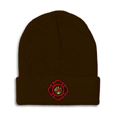 Beanies for Men Maltese Cross Firefighter Embroidery Skull Cap Winter Hats for Women Acrylic One Size Brown Design Only