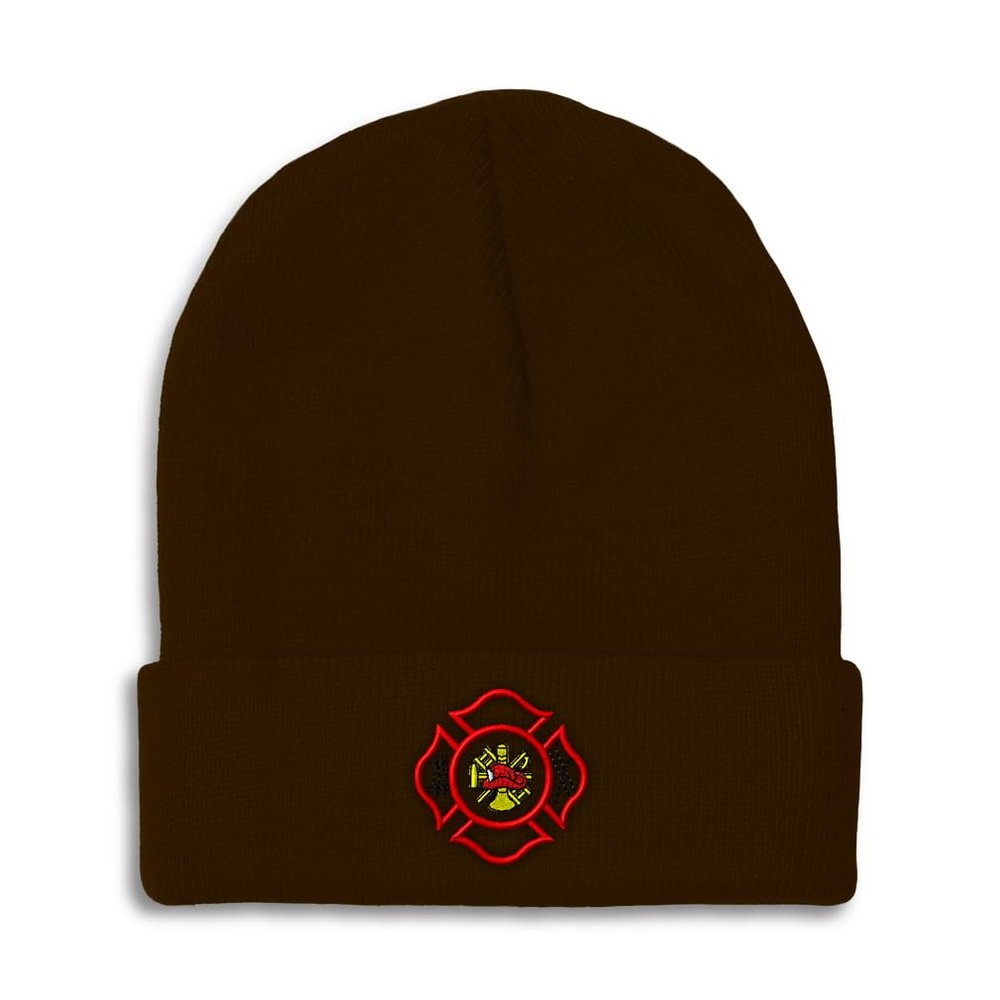 Beanies for Men Maltese Cross Firefighter Embroidery Skull Cap Winter Hats for Women Acrylic One Size Brown Design Only