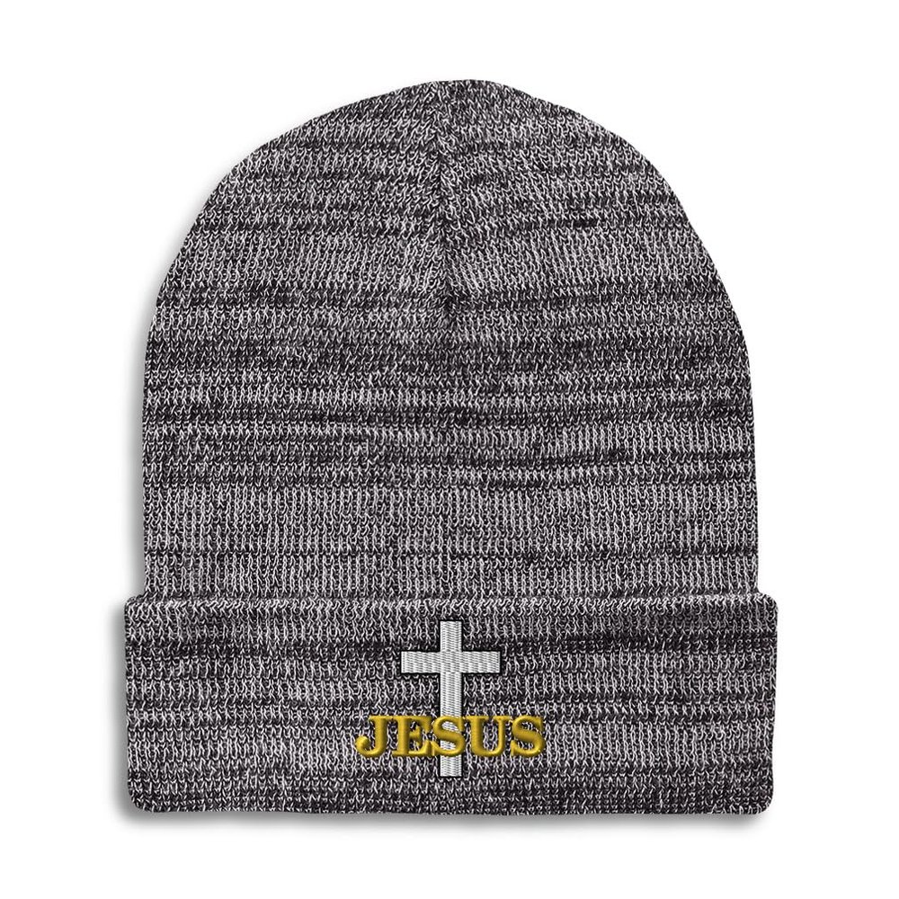 Beanies for Men Christian Cross Jesus Faith Jesus Christ Skull Cap Winter Hats for Women Acrylic One Size Heather Grey Design Only