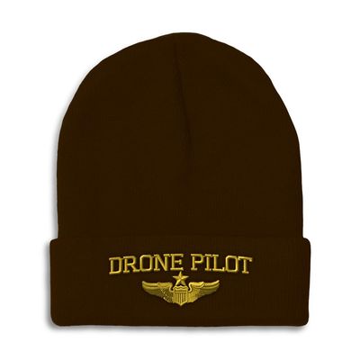 Beanies for Men Drone Pilot Gold Embroidery Skull Cap Winter Hats for Women Acrylic One Size Brown Design Only