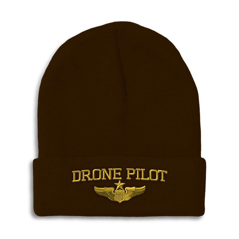 Beanies for Men Drone Pilot Gold Embroidery Skull Cap Winter Hats for Women Acrylic One Size Brown Design Only