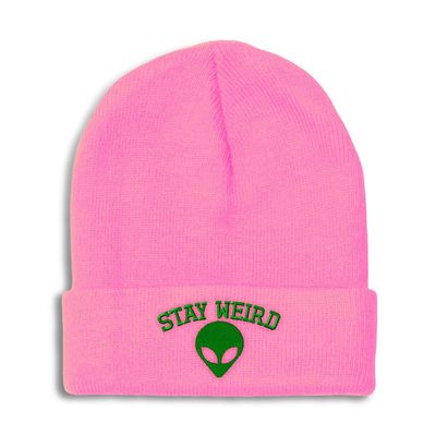 Beanies for Men Alien Stay Weird Embroidery Skull Cap Winter Hats for Women Acrylic One Size Soft Pink Design Only
