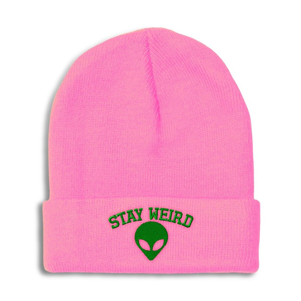 Beanies for Men Alien Stay Weird Embroidery Skull Cap Winter Hats for Women Acrylic One Size Soft Pink Design Only