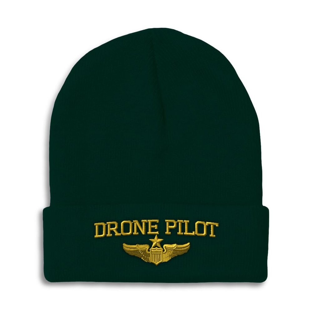 Beanies for Men Drone Pilot Gold Embroidery Skull Cap Winter Hats for Women Acrylic One Size Forest Green Design Only