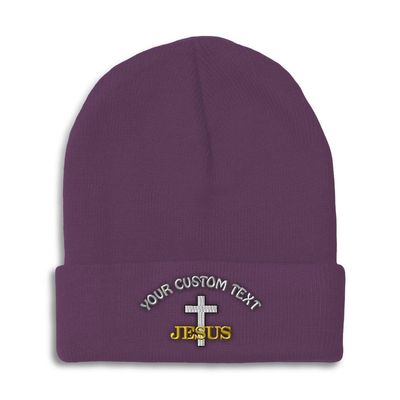 Custom Beanies for Men Christian Cross Jesus Faith Jesus Christ Skull Cap Winter Hats for Women Acrylic One Size Purple Personalized Text Here