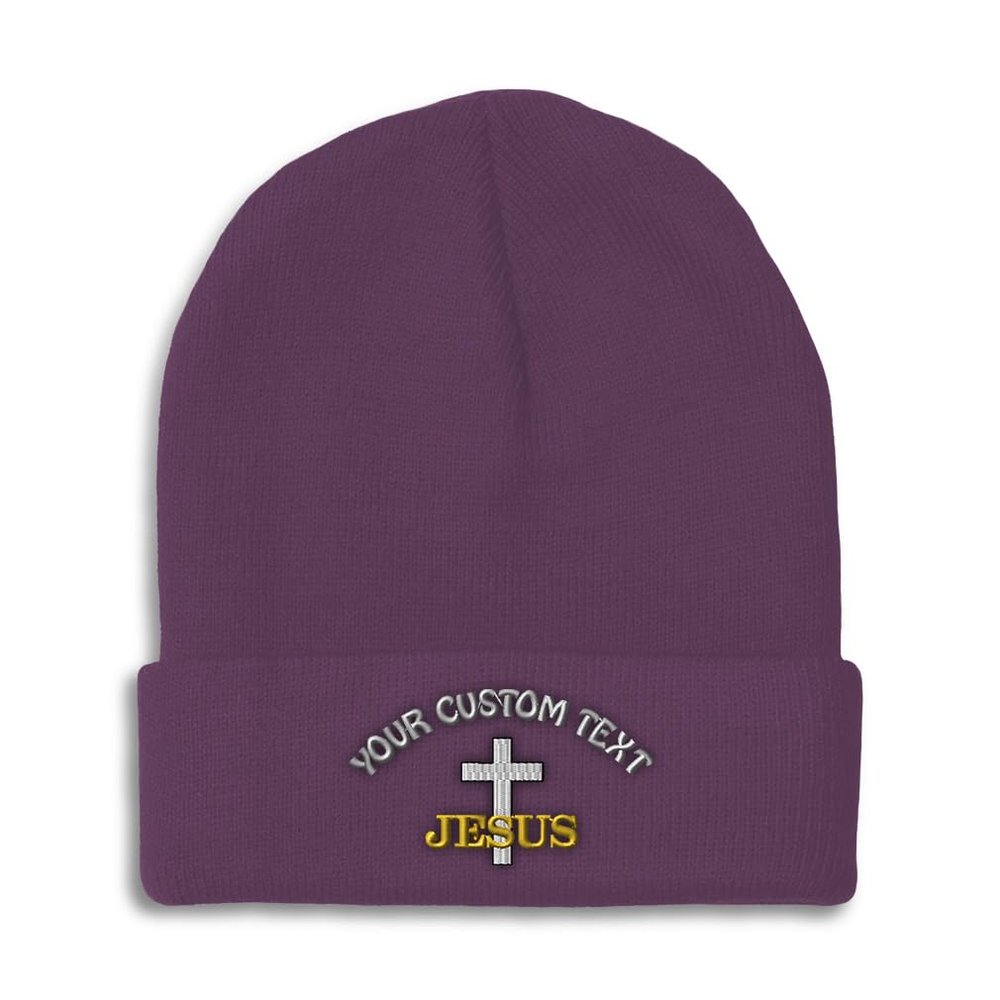 Custom Beanies for Men Christian Cross Jesus Faith Jesus Christ Skull Cap Winter Hats for Women Acrylic One Size Purple Personalized Text Here