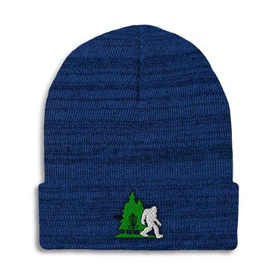 Beanies for Men Disc Golf, Tree and Yeti Embroidery Skull Cap Winter Hats for Women Acrylic One Size Heather Royal Blue Design Only