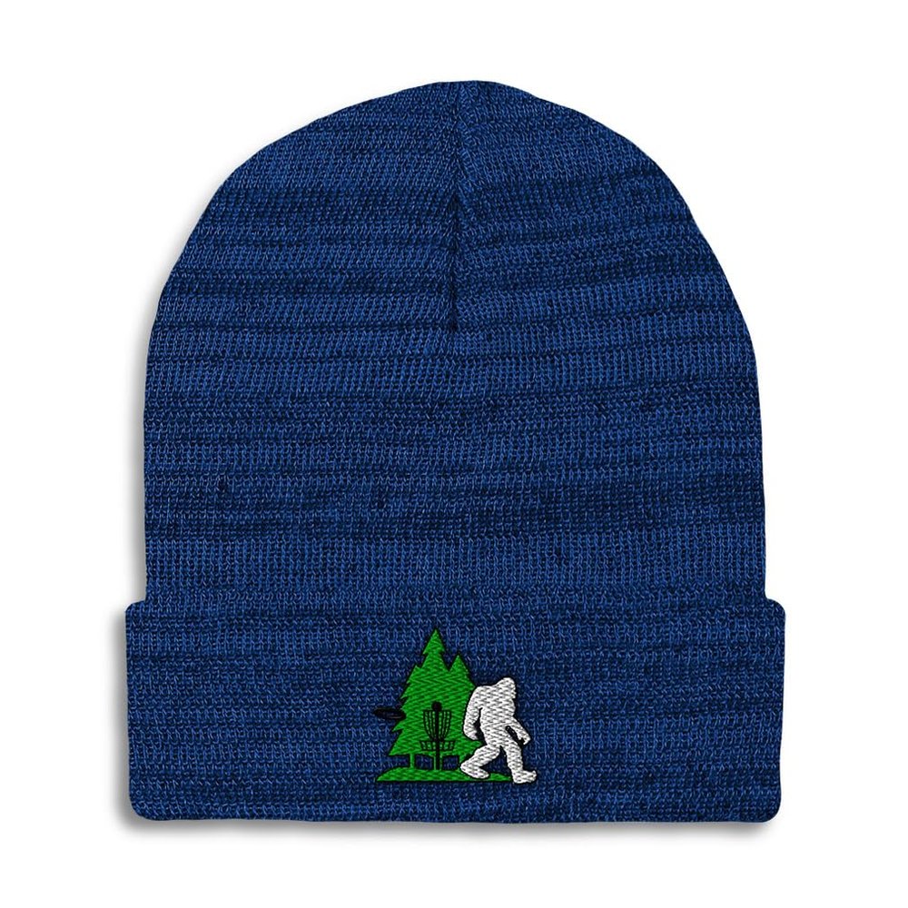 Beanies for Men Disc Golf, Tree and Yeti Embroidery Skull Cap Winter Hats for Women Acrylic One Size Heather Royal Blue Design Only