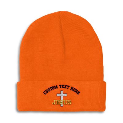 Custom Beanies for Men Christian Cross Jesus Faith Jesus Christ Skull Cap Winter Hats for Women Acrylic One Size Orange Personalized Text Here
