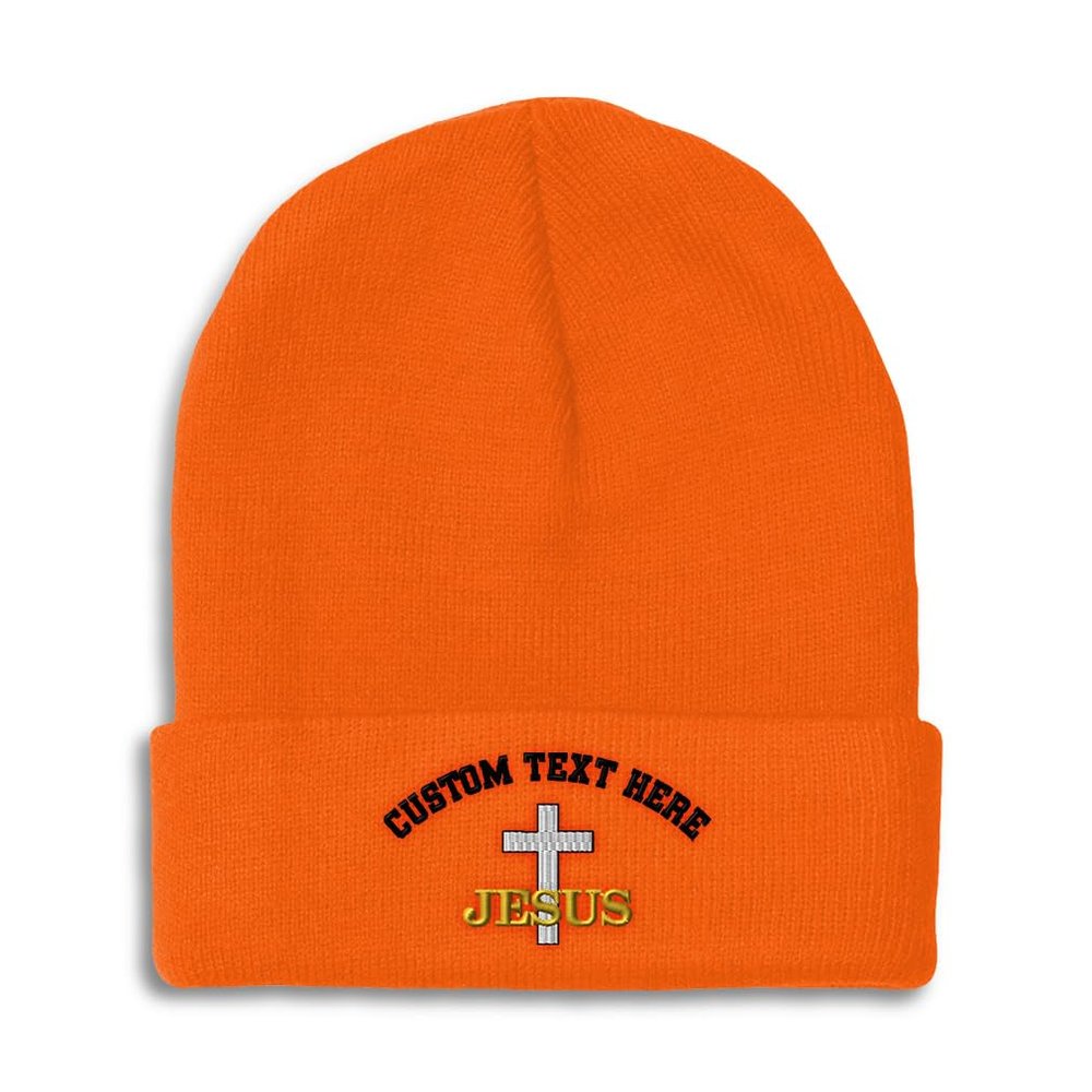 Custom Beanies for Men Christian Cross Jesus Faith Jesus Christ Skull Cap Winter Hats for Women Acrylic One Size Orange Personalized Text Here