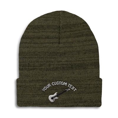 Custom Beanies for Men Electric Guitar White Embroidery Skull Cap Winter Hats for Women Acrylic One Size Heather Olive Green Personalized Text Here
