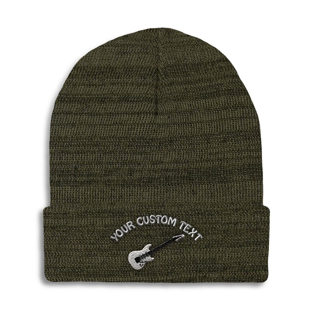 Custom Beanies for Men Electric Guitar White Embroidery Skull Cap Winter Hats for Women Acrylic One Size Heather Olive Green Personalized Text Here