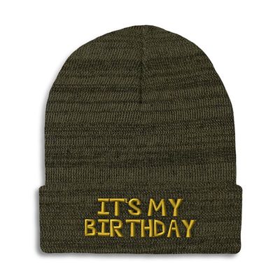 Speedy Pros Beanies for Men It's My Birthday Gold Embroidery Skull Cap Winter Hats for Women Acrylic One Size Heather Olive Green Design Only