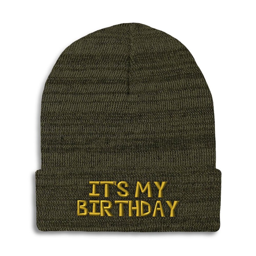 Speedy Pros Beanies for Men It's My Birthday Gold Embroidery Skull Cap Winter Hats for Women Acrylic One Size Heather Olive Green Design Only