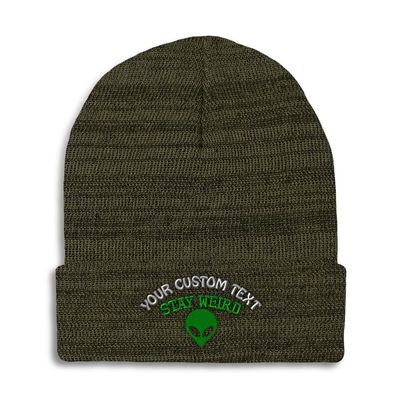 Custom Beanies for Men Alien Stay Weird Embroidery Skull Cap Winter Hats for Women Acrylic One Size Heather Olive Green Personalized Text Here