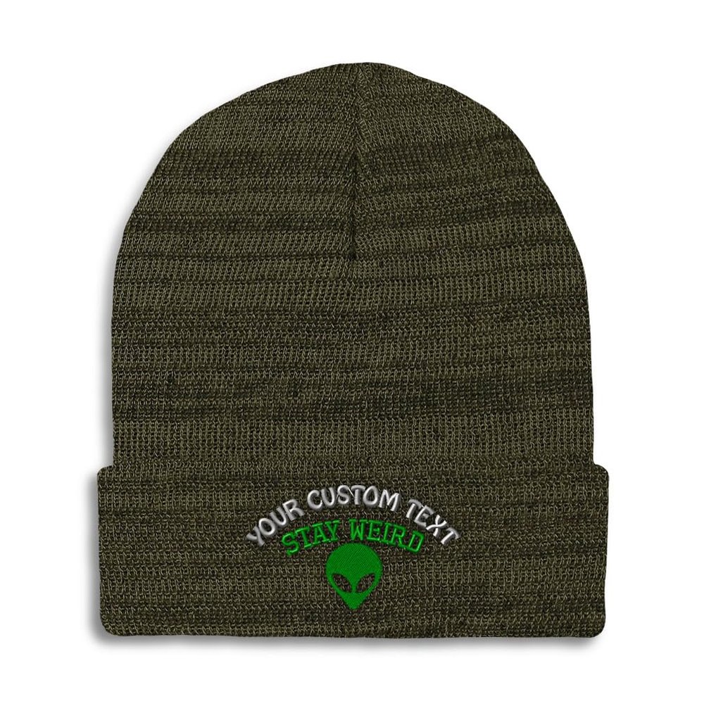 Custom Beanies for Men Alien Stay Weird Embroidery Skull Cap Winter Hats for Women Acrylic One Size Heather Olive Green Personalized Text Here