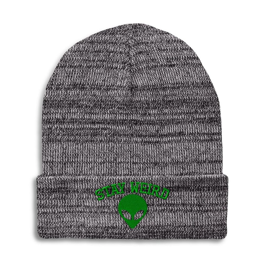 Speedy Pros Beanies for Men Alien Stay Weird Embroidery Skull Cap Winter Hats for Women Acrylic One Size Heather Grey Design Only
