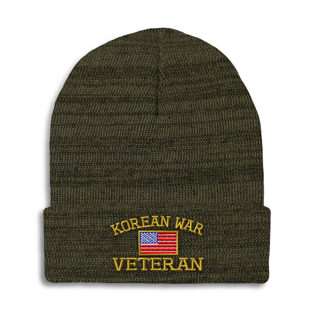 Speedy Pros Beanies for Men American Veteran Korean War A Skull Cap Winter Hats for Women Acrylic One Size Heather Olive Green Design Only