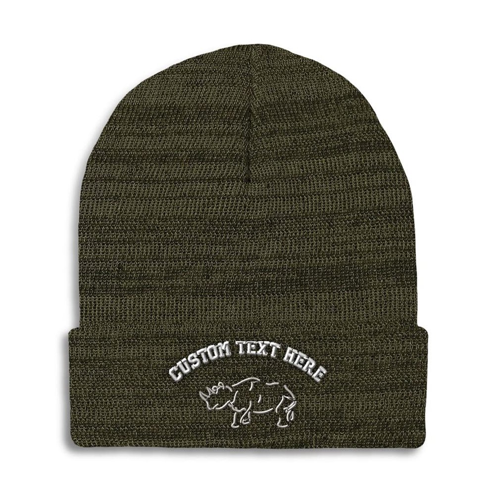 Custom Beanies for Men Rhino Outline Embroidery Wild Animals Winter Hats for Women Acrylic Skull Cap 1 Size Heather Olive Green Personalized Text Here