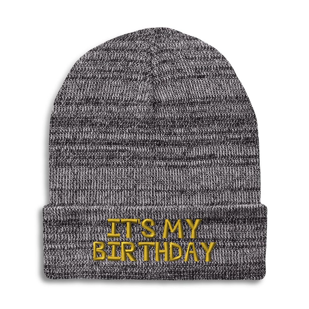 Speedy Pros Beanies for Men It's My Birthday Gold Embroidery Skull Cap Winter Hats for Women Acrylic One Size Heather Grey Design Only