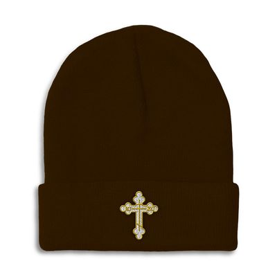 Beanies for Men Gold Outline Orthodox Cross Faith Jesus God Skull Cap Winter Hats for Women Acrylic One Size Brown Design Only