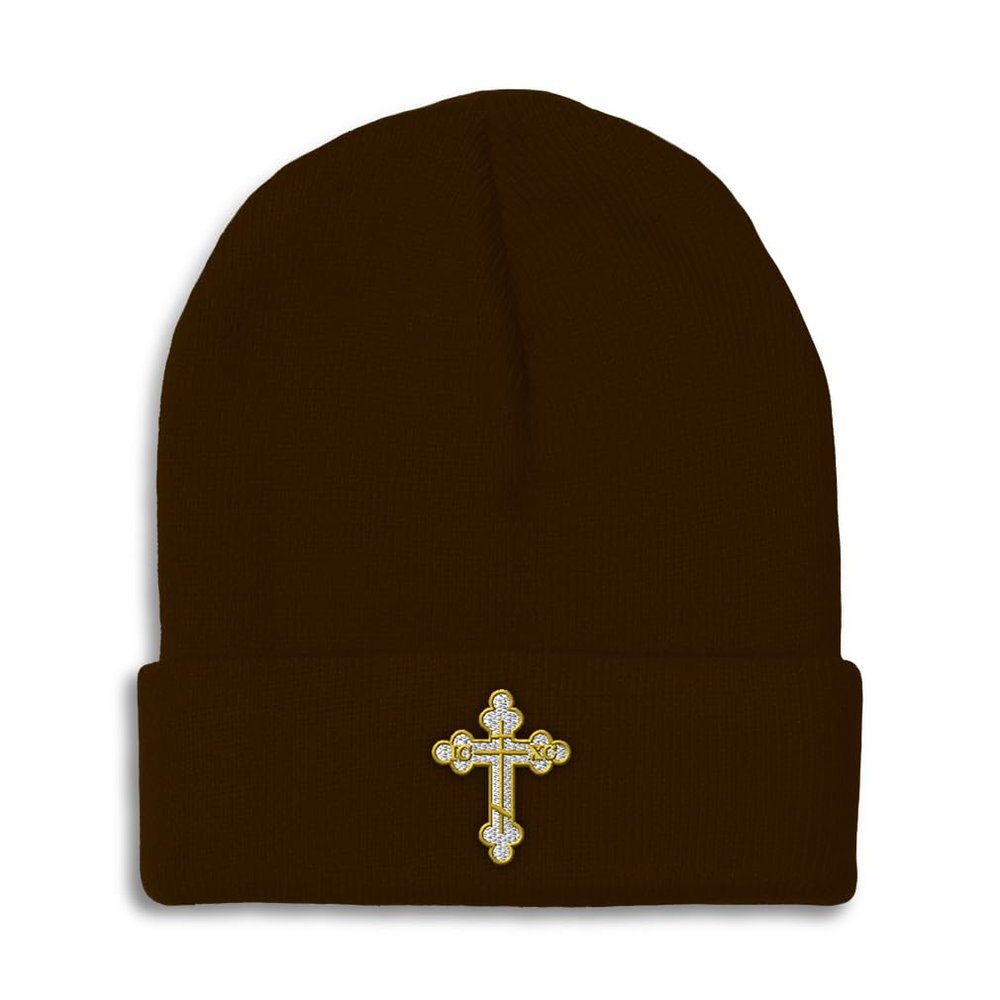 Beanies for Men Gold Outline Orthodox Cross Faith Jesus God Skull Cap Winter Hats for Women Acrylic One Size Brown Design Only