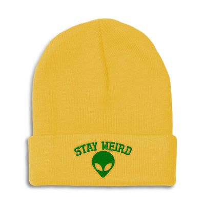 Beanies for Men Alien Stay Weird Embroidery Skull Cap Winter Hats for Women Acrylic One Size Yellow Design Only