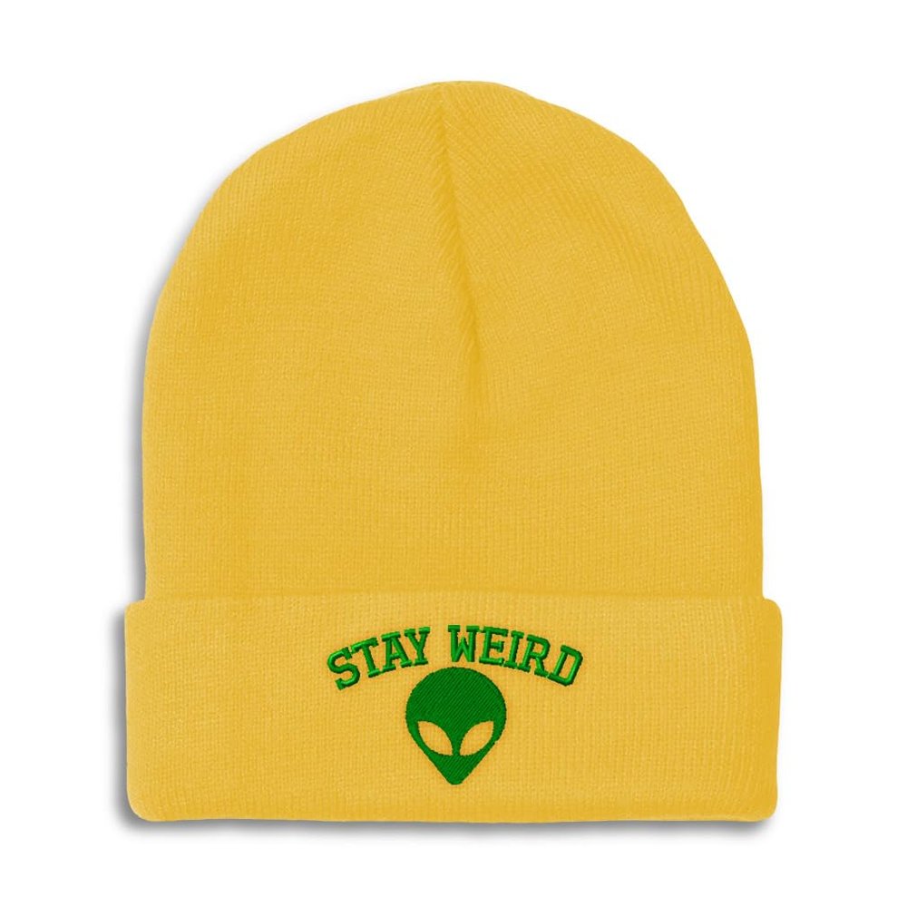 Beanies for Men Alien Stay Weird Embroidery Skull Cap Winter Hats for Women Acrylic One Size Yellow Design Only