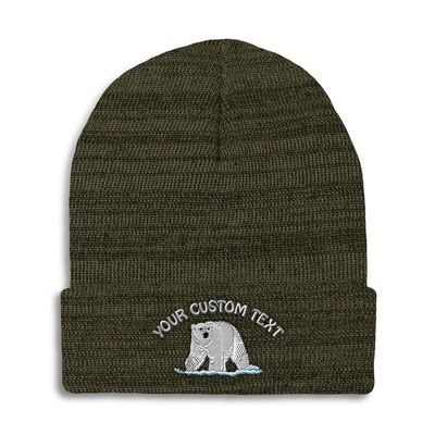 Custom Beanies for Men Animal Wildlife Polar Bear Skull Cap Winter Hats for Women Acrylic One Size Heather Olive Green Personalized Text Here