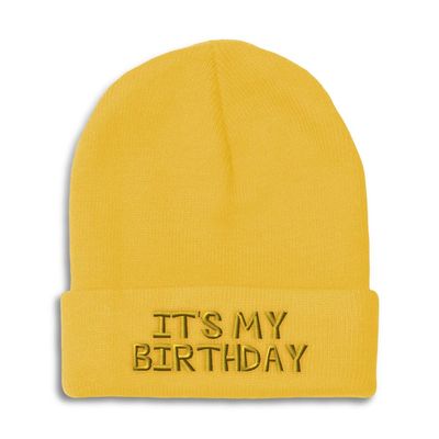 Beanies for Men It's My Birthday Gold Embroidery Skull Cap Winter Hats for Women Acrylic One Size Yellow Design Only