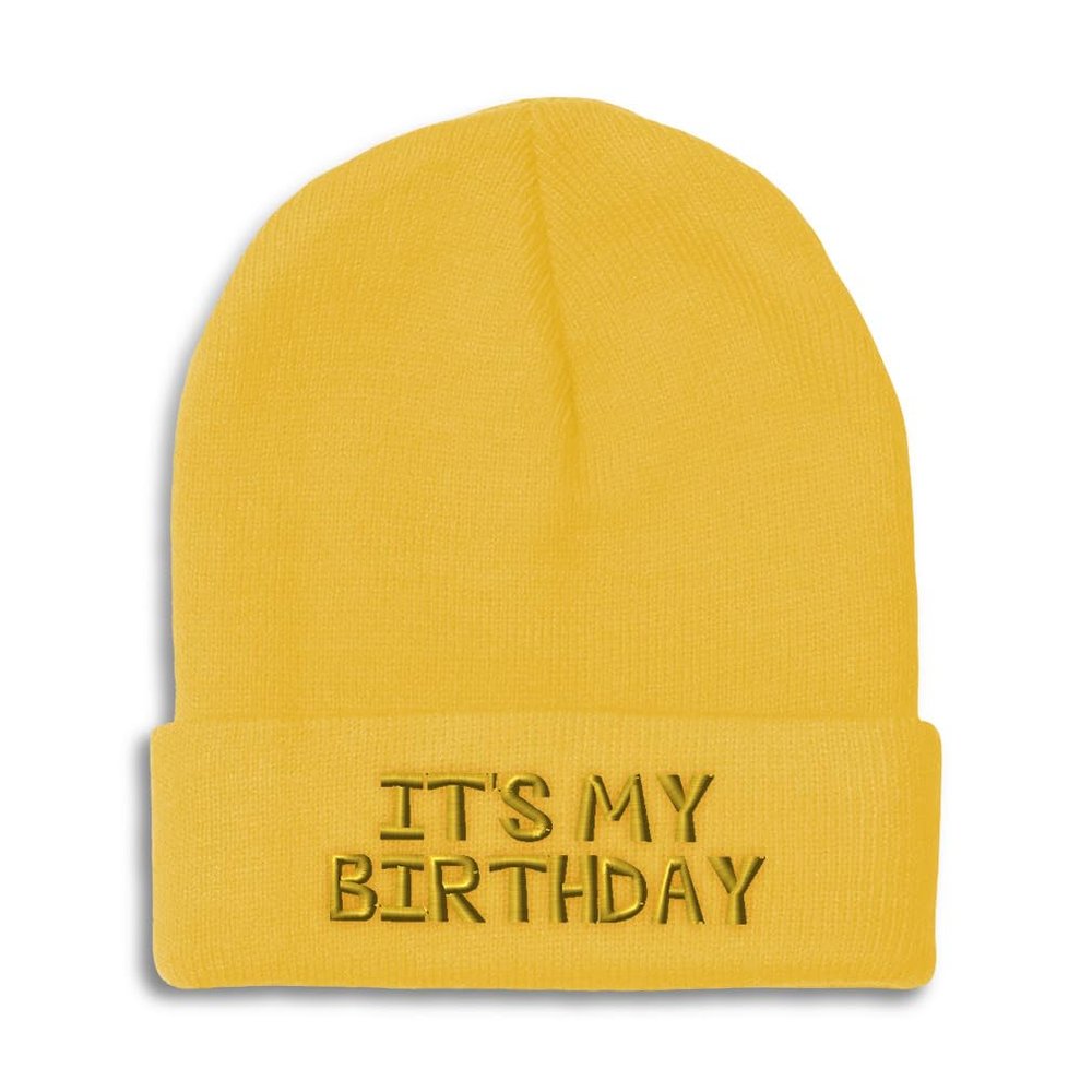 Beanies for Men It's My Birthday Gold Embroidery Skull Cap Winter Hats for Women Acrylic One Size Yellow Design Only