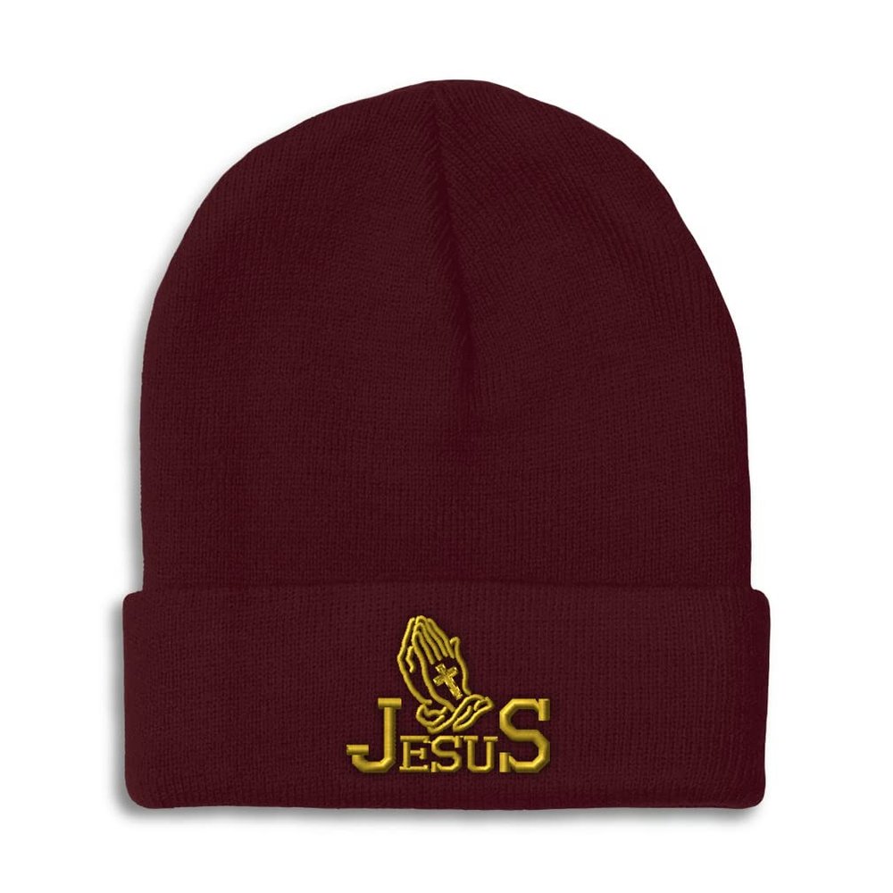 Beanies for Men Jesus Christian Hands Praying A Embroidery Christian Belief Winter Hats for Women Acrylic Skull Cap 1 Size Burgundy Design Only