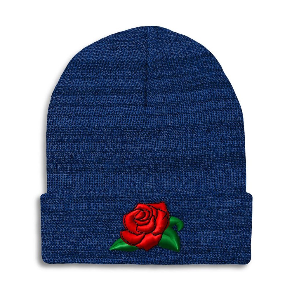 Speedy Pros Beanies for Men Rose Flower A Embroidery Skull Cap Winter Hats for Women Acrylic One Size Heather Royal Blue Design Only