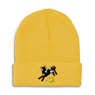 Beanies for Men Cow Jumping Over The Moon Embroidery Farm and Domesticated Animals Tail Winter Hats for Women Acrylic Skull Cap 1 Size Yellow Design Only