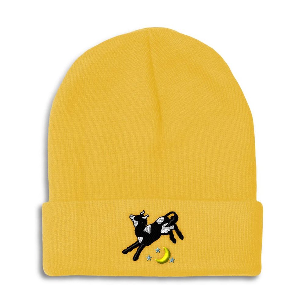Beanies for Men Cow Jumping Over The Moon Embroidery Farm and Domesticated Animals Tail Winter Hats for Women Acrylic Skull Cap 1 Size Yellow Design Only
