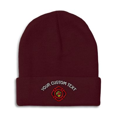 Custom Beanies for Men Maltese Cross Firefighter Embroidery Skull Cap Winter Hats for Women Acrylic One Size Burgundy Personalized Text Here