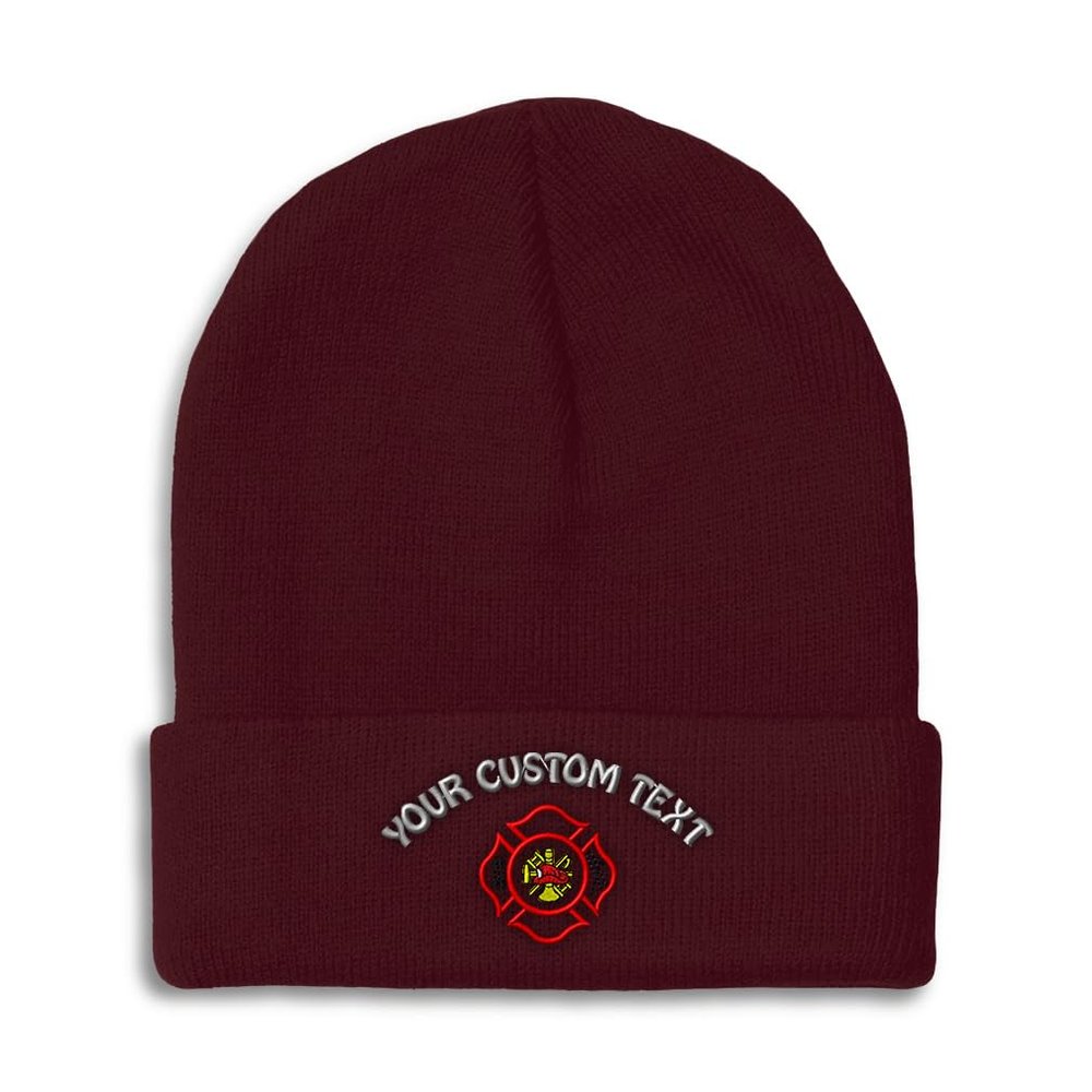 Custom Beanies for Men Maltese Cross Firefighter Embroidery Skull Cap Winter Hats for Women Acrylic One Size Burgundy Personalized Text Here