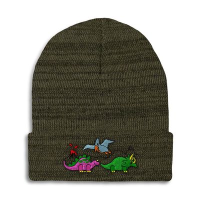 Speedy Pros Beanies for Men Pre-Historic Dinosaurs Embroidery Skull Cap Winter Hats for Women Acrylic One Size Heather Olive Green Design Only