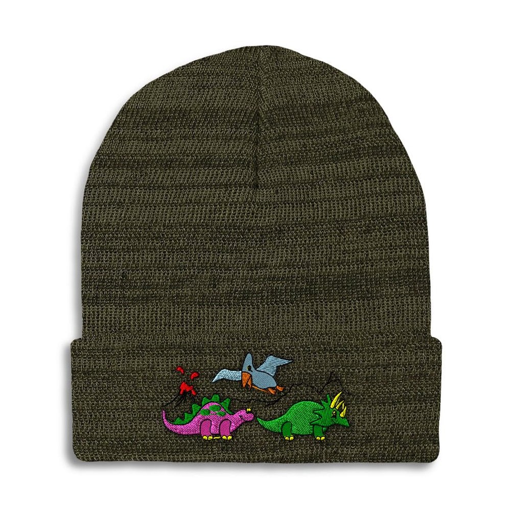 Speedy Pros Beanies for Men Pre-Historic Dinosaurs Embroidery Skull Cap Winter Hats for Women Acrylic One Size Heather Olive Green Design Only